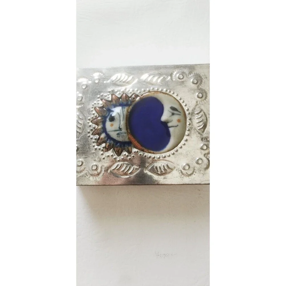 Vintage Celestial Moon Sun Pottery Aluminum Jewelry Trinket Box RARE